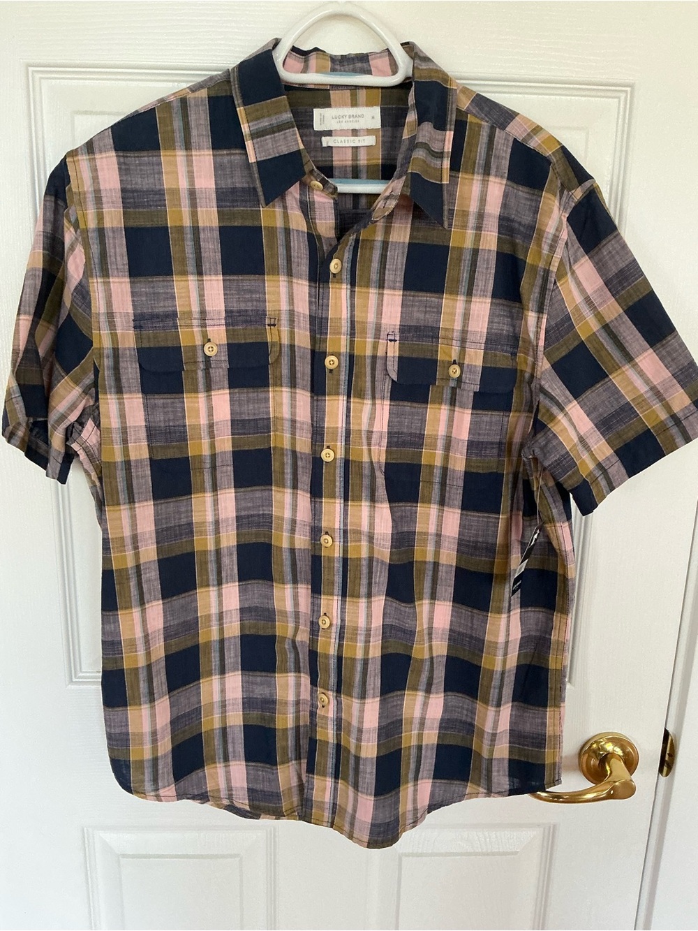 Lucky Brand Plaid Short-Sleeve Button-Up Shirt - Navy, Pink & Olive